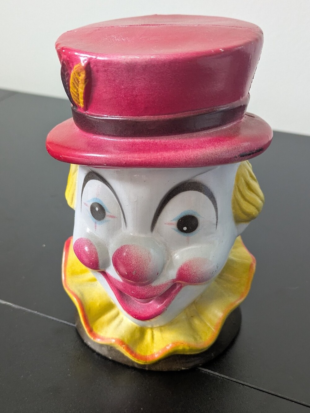 -Vintage 1970 Clown Bust Coin Piggy Bank with Top Hat & Feather